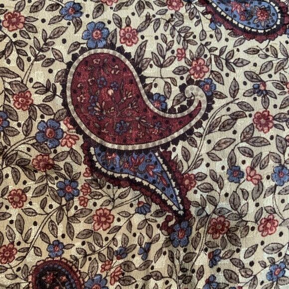 Vintage 90s Top Tan Burgundy Silk Paisley Button Front Long Sleeve Dark Floral 6 - Picture 10 of 11